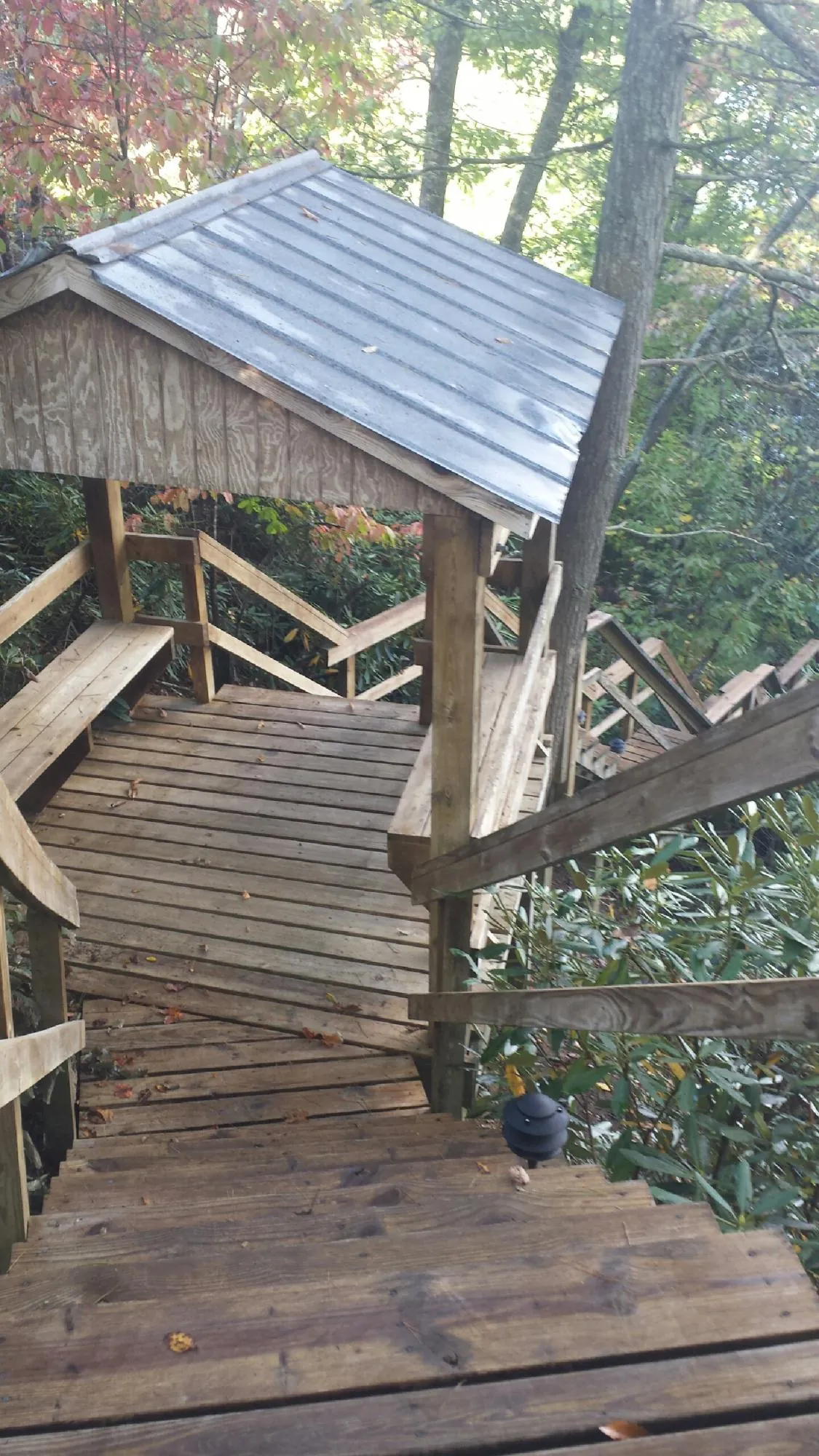 Metal roofed shelter over wooden steps on a wooded walkway — Skylight Repair & Installation work by our crew in Banks